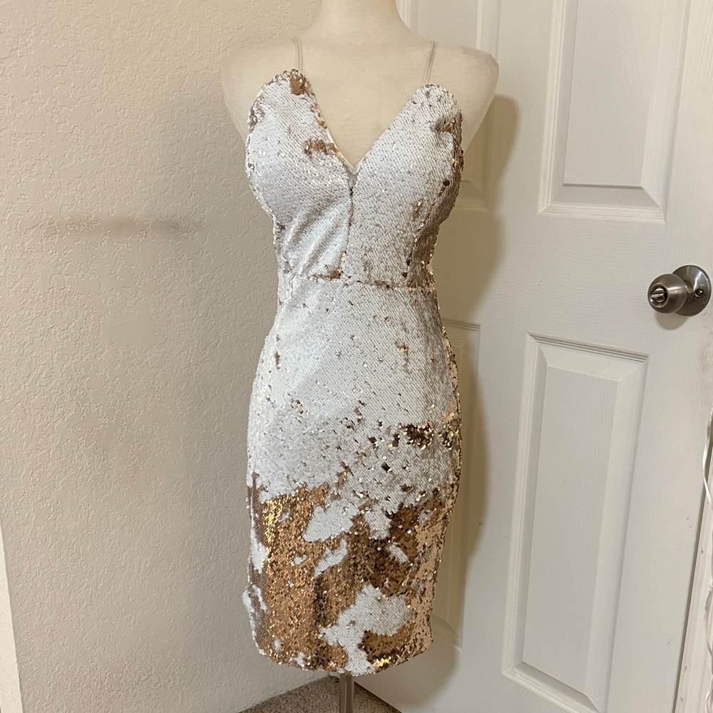 Glamorous BEBE Sequin Mini Dress - White and Gold
